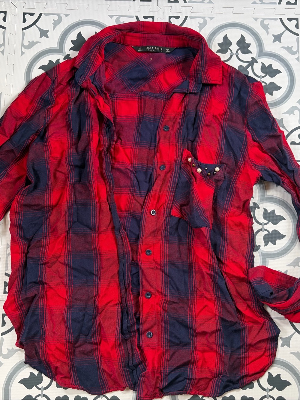 Zara Red and Navy Plaid Casual Button-Down Shirt